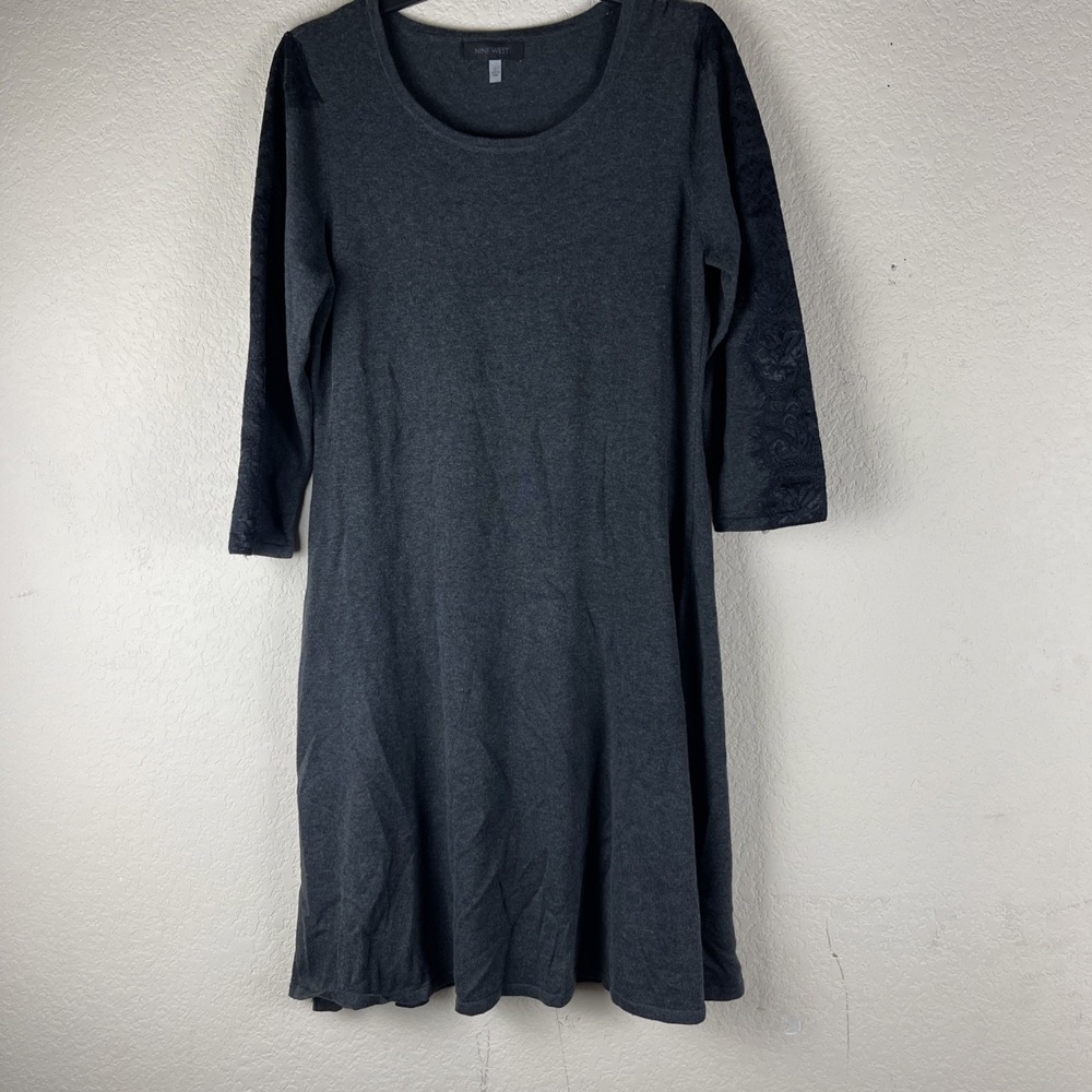 Nine West Dress Womens Large Charcoal Gray Scoop Neck 3/4 Sleeve Floral Detail